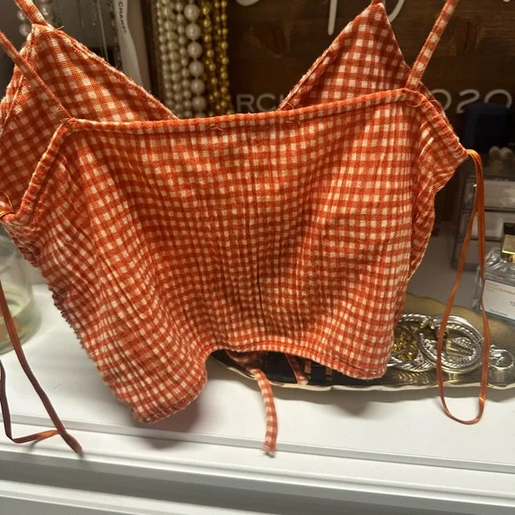 Zara Orange and White Ruched Midi Skirt and Top - Picture 8 of 9